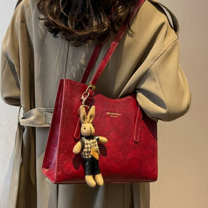 กระเป๋าสะพายไหล่ทรงสี่เหลี่ยมใหญ่สำหรับผู้หญิง ความจุขนาดใหญ่ สีแดง กระเป๋าถือแบบลำลอง ปิดด้วยซิป กระเป๋าสำหรับเจ้าสาว