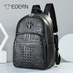EDERN New Crocodile Pattern Backpack for Men Genuine Leather Backpack Fashion Cowhide Schoolbag Business Casual Shoulder Bag 15.6-inch Laptop Bag