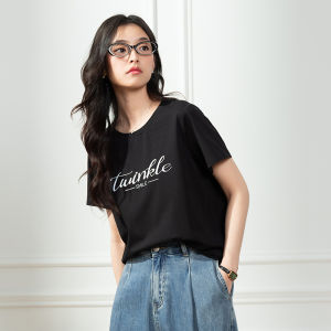 Black Short Sleeve T-Shirt Womens Lagogo Letter Print Slim Fit Shoulder Commute Style Cotton Polyester Summer New Arrival