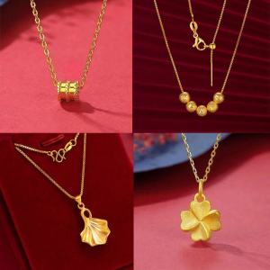 Womens Gold-Plated 999 Sand Gold Necklace Simulated Pure Gold Four-leaf Clover Pendant Jewelry Sweet Girl Style Mixed Material
