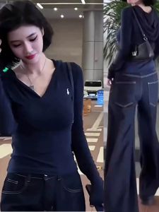 High Waist Wide Leg V-Neck Hoodie Slim Fit Top Straight Leg Pants Two Piece Set plus Size Comfortable Casual Outfit