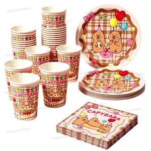 Kayou | 60Pcs Capybara Theme Disposable Tableware Set Cartoon Paper Plates Cups Napkins Kids Birthday Baby Shower Party Supplies Decor