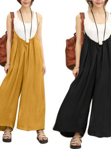 Ladies Casual Camisole Jumpsuit Loose Straight Strap High Waist Cotton Linen Blend Comfortable High Waist One Piece Suit