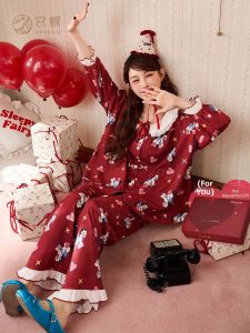GONGDIE | Soft Light Red Carton Horse Patterned Pajamas Long Sleeve Cotton Sleepwear