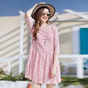 Pink Lace Trim Slim Fit Midi Dress Hollow out Seven Sleeve Street Style round Neck Loose Waist A-Line Skirt Gown for Women