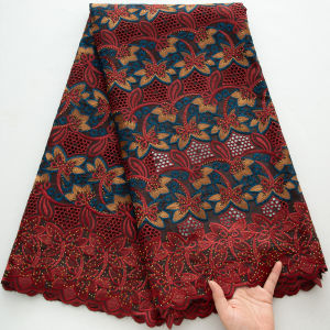 Vải Ren Cotton Thụy Sĩ Màu Đỏ Đậm Châu Phi Với Họa Tiết Hoa Nhiều Màu Sắc Điểm Nhấn Vàng Xanh Và Đá Quý Dùng Cho Đám Cưới Chất Liệu Voan Thân Thiện Với Môi Trường