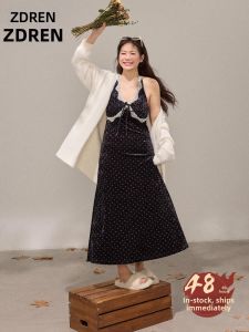 ZHANGDAREN | Đầm Chấm Bi Dây Kéo Pháp & Áo Khoác Len Cỡ Lớn