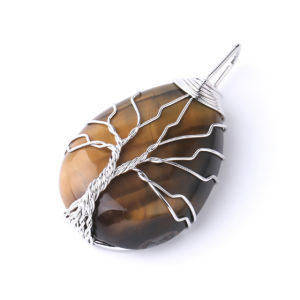 CSJA Natural Gem Stone Pendulum for Divination Dowsing Esoterisme 7 Chakra Crystals Pendulums Tree of Life Necklace Pendant G905