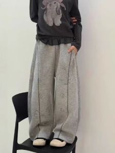 Girls Fleece Lined Sport Pants High Waist Straight Leg Casual Trousers for Autumn Winter with Bow Design Korean Style Cotton