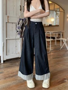 Plus Size Womens Clothing Korean Style Summer Stripes Patchwork Elastic Waist Curling Denim Loose Straight Wide Leg Cropped Pants