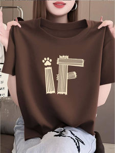 Mellow Cafe Color Shoulder T-shirt Loose Round Neck Printed