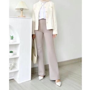 Flara Pants - Celana  Highwaist Flare Pants - Celana Kulot Semi Cutbray Wanita Panjang Scuba Melar Hitam Standar Kaki Karet Basic