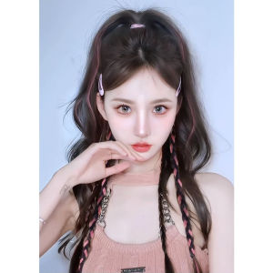 New Style Highlights Pink Long Curly Ponytail Box Braid Twists Hairpiece Wig for Women