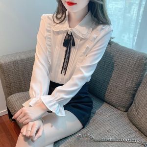 Fashionable Doll Collar Long Sleeve Womens Shirt Butterfly Knot Splicing Spring Autumn Seasonal Straight Tube Sweet Style Blouse