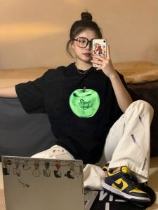 เสื้อยืดคอกลมแขนสั้นผ้าฝ้ายแท้สีดำ ทรงหลวม สำหรับผู้หญิง แฟชั่นฤดูร้อน เสื้อตัวบนพิมพ์ลาย ขนาดเล็ก เสื้อผ้าทำงาน