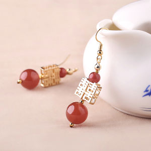 Misty Rain in Southern Red Agate Xi Character Glass Eardrops Red Earrings Cheongsam Super Fairy Small Face Slimming Ear Clip Earrings