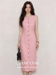 QFN | Elegant Pink Sleeveless Single Button Fitted Long Dress