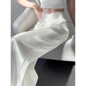 White Silk Narrow Wide Leg Pants High Waist Straight Casual Long Trousers Summer Cool Pants Comfortable Breathable Cargo Trousers