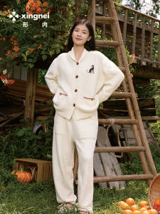 Womens Sleepwear Set Fleece Lined Half Fleece Autumn Winter Style Long Sleeve V Neck Home Clothes Warmth And Comfort