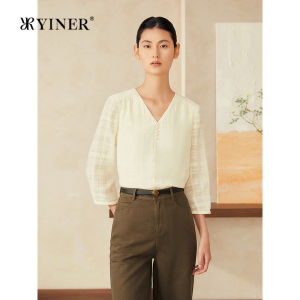 Summer Elegant 100% Long Staple Cotton Simple French Style Beaded V-Neck Shirt
