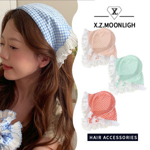 【X.Z.MOONLIGH】French Lace Blue Plaid Baotou Sun Protection Headscarf Triangle Scarf Headband for Women Sweet and Versatile Headband Hair Accessories