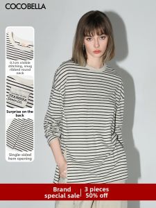 COCOBELLA | Letter Printed Black and White Striped T-Shirt Women Casual