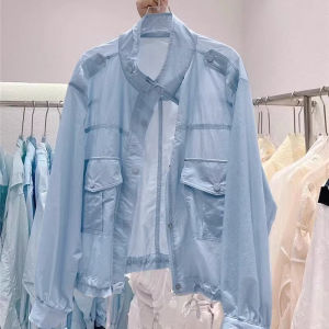 เสื้อแจ็คเก็ตกันแดดทรงหลวมสำหรับผู้หญิง ทรงสั้น ปกติ แขนยาว ปกติ ฤดูร้อน 2023 เสื้อคลุมกันแดดแบบบาง ผ้าฝ้ายผสมโพลีเอสเตอร์