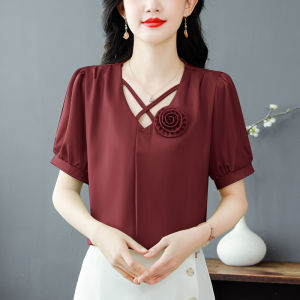 MAIMEI | Fashionable Summer Short Sleeve T-Shirt Women Loose Slimming Belly Covering Mommy Clothes Chiffon Top Korean Style Bubble Sleeve V-neck