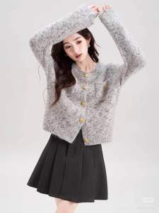 Khoác len cardigan nữ tay dài gài nút hàng QC hoạ tiết muối tiêu phong cách Hàn Quốc