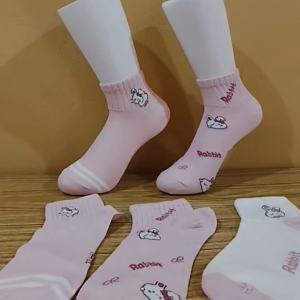 S13C 5Pasang Kaus Kaki Wanita Lucu Pink Motif Kelinci Kaos Kaki Wanita Pendek Import Premium