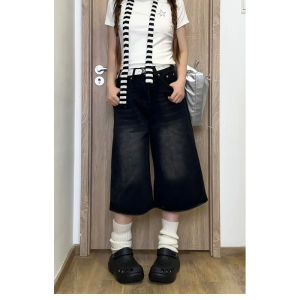 Quần Jeans Denim Ống Rộng Màu Đen Phong Cách Retro Mỹ Cho Nữ Quần Thường Ngày Mùa Hè Quần Ống Rộng Bảy Phần Quần Short