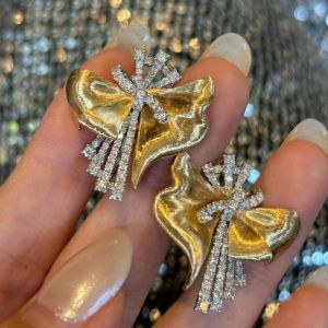 Vintage High quality glossy wire drawing bowknot earrings for women exquisite and fashion crystal luxury earings wedding jewelry