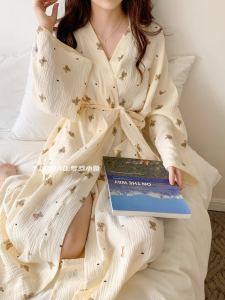 Womens Nightgown Spring & Fall New Long Sleeve Pajamas Womens Cartoon Bear Long Bathrobe Cotton Yarn Belt Elegant Homewear