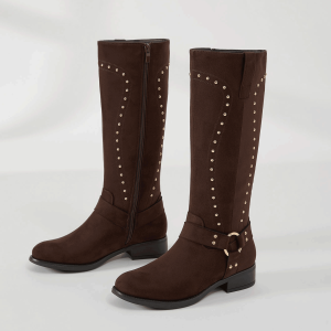 Desai Womens Knee High Riding Boots Faux Suede Rivet Buckle Motorcycle Side Zipper Low Heel Fur Lined Warm Winter Shoes