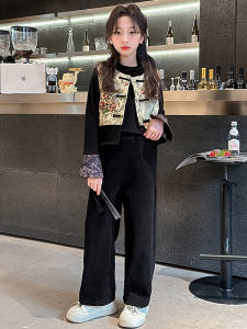 New Chinese Style Girls Vest Set Three Piece Suite Wide Leg Pants Spring Autumn Fashionable Childrens Clothing Toddler Kids