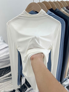 เสื้อยืดแขนยาวผ้าโมดัลคอสูงปานกลางสีขาวดําแบบบาง เสื้อตัวในคอกึ่งสูงเสื้อตัวในใส่ด้านในสําหรับผู้หญิงเสื้อฤดูใบไม้ผลิและฤดูใบไม้ร่วง
