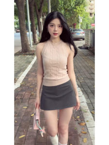YUEZHONGWEI | French Style Ice Silk Knitted Strap Vest Women Summer Outdoor Wear Slim Fit Short Sleeveless Top Round Neck Splicing Design