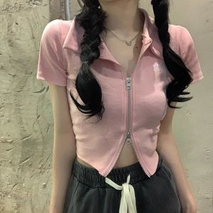 Pure Desireสีเทาเสื้อโปโลแขนสั้นเสื้อยืดผู้หญิง 2022 ฤดูร้อนการออกแบบ Sensation Double Zipper สั้นด้านบน INS แนวโน้ม