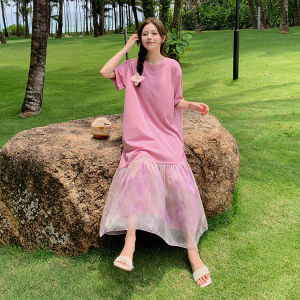 French Style Pink Short Sleeve Dress Women Summer New plus Size Elegant Gentle Sweet Meat Covering Slimming Long Dress