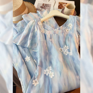 PAIBOLI | French Vintage Sea Style Embroidered Wave Pattern Daisy Fairy Dress Blue
