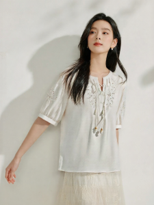 INMAN | 100% Lyocell Embroidered Lace-Up White Shirt