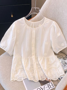 Big Sale Leak-Picking ~ Summer French round Neck Cut Out Crocheted Short Sleeve Shirt for Women Fashionable Embroidery Belly-Covering Coat Tide