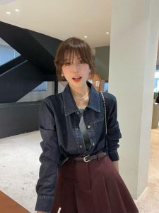 เสื้อเชิ้ตปักสั้นสีลึก เดนิม ผู้หญิง แฟชั่นย้อนยุค หลากหลาย เสื้อเชิ้ต เสื้อแจ็คเก็ต สไตล์เกาหลี หลวม แขนยาวพอดี ปกโปโล