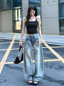 กางเกงยีนส์ขากว้างทรงหลวมสไตล์อเมริกันย้อนยุคสำหรับผู้หญิง กางเกงขายาวทรงตรงทรงเข้ารูปสำหรับฤดูใบไม้ผลิและฤดูใบไม้ร่วง