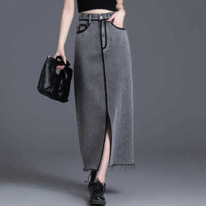 กระโปรงยีนส์ทรงตรงยาวปานกลางเอวสูงสำหรับผู้หญิง ฤดูร้อนปี 2024 กระโปรงยีนส์ทรงตรงสีเทาสำหรับผู้หญิง กระโปรงยีนส์ทรงเอแบบเปิดหน้าด้านหนึ่ง