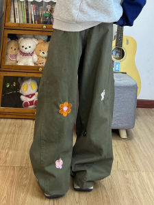 Quần Jeans Denim Ống Rộng Cạp Cao Cho Nữ Quần Thường Ngày Thu Đông Màu Xanh Militar Thêu Hoa Phong Cách Mỹ Quần Dài Dài Đến Sàn