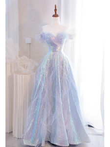 Purple Elegant Adult Ceremony Evening Gown One Shoulder Hostess Wedding Dress Floor Length Sweet Style Short Sleeve for Party