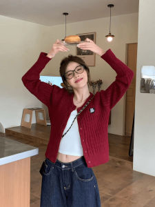 Áo Len Cardigan Thắt Nút Kiểu Hàn Quốc Màu Đỏ Cho Nữ Mùa Xuân Thu Ngắn Thêu Hình Trái Tim Thon Gọn Chất Liệu Cotton Pha Trộn