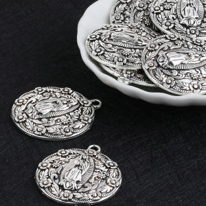 5Pcs Carved Our Lady of Guadalupe Floral Pendant Catholic Virgin Mary Round Medal for DIY Necklace Bracelet Jewelry Accessories