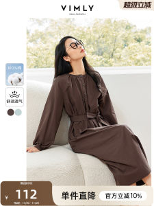 French Vintage round Neck Dress Womens Style Slimming Waist Autumn New Arrival Casual Cotton Long Sleeve Shirt Dress